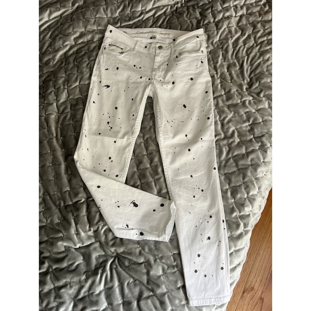 Calvin Klein White Paint Splatter AnklSkinny Jeans Mid Rise 5 Pocket Denim Pants